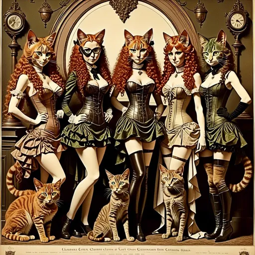 Prompt: <mymodel>high quality vintage lithograph, 1800's Full body view of women  with human faces and goggles, cat ears, Corset Advertisement, matching cat ears to hair color, extremely detailed, intricate clothing, intricate, historical, detailed hair,  detailed eyes, atmospheric lighting, vintage sepia tones