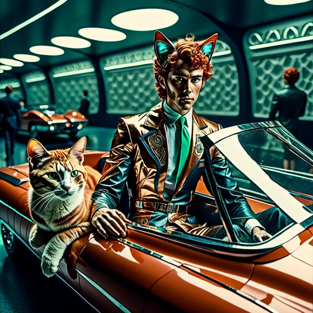 Prompt: <mymodel> Full body view of Man with cat ears in 1960's  futuristic Automobile Advertisement, matching cat ears to hair color, extremely detailed, intricate clothing, high quality, intricate, futuristic-retro futurism, historical, detailed hair, detailed spaceship in background