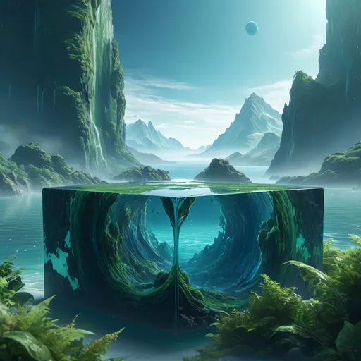 Prompt: (realistic style), (cube of a planet), highly detailed representation, vibrant water textures, ethereal atmosphere, majestic mountains, lush greenery, cool color scheme, serene and tranquil vibes, intricately rendered features, deep ocean blues and gentle greens, atmospheric details that evoke awe and wonder, ultra-detailed, 4K quality, captivating visual experience, immersive and enchanting.