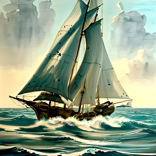 Prompt: oil painting, natural color scheme, (three masted sailing ship body made out of glass), (traveling swiftly) on a (realistic ocean), (sails full of wind), (dolphins breaching) in front of the bow, serene atmosphere, nature-inspired, fluid and dynamic scene, delicate brush strokes, soft light filtering through, emphasizing tranquility and adventure, ultra-detailed, high-definition.