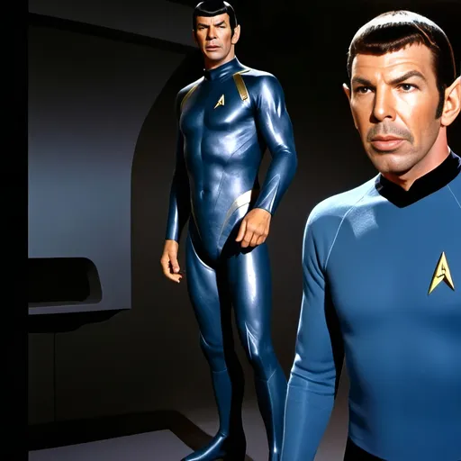 Prompt: (futuristic-sci-fi style), Spock with goatee), cool color scheme, vibrant blues and metallic silvers, high-tech backgrounds with glowing circuits, dramatic and cinematic lighting, highlighting their expressions, intricate details on outfits, ultra-detailed character design, atmospheric mood evoking exploration and adventure, striking visuals reminiscent of classic sci-fi themes.