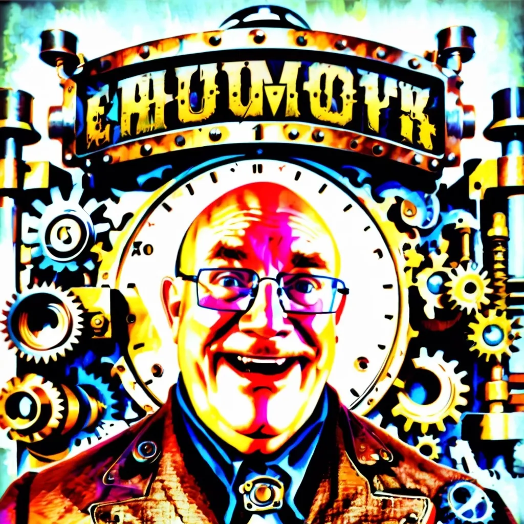 Prompt: (Humorous portrait), steampunk style, caricature drawing, pencil color  scheme, detailed facial features, expressive eyes, exaggerated pleasant smile, vintage military attire, quirky accessories, Iron gears and machinery in the background, cozy ambiance, ultra-detailed, engaging composition that blends humor and artistry, creating a captivating visual narrative.