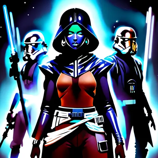 Prompt: anime style, (dark color scheme), outlaw characters from Star Wars, unique poses, rebellious vibes, high-contrast shadows, moody atmosphere, intricate details in character design, dynamic expressions, depth in lighting, (vibrant highlights), ultra-detailed artwork, dramatic ambiance, sci-fi elements, thematic background reflecting a galactic setting.