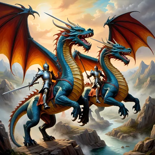 Prompt: opposing dragon armies in arial combat, knights mounted on dragons in armor with spears , fierce expressions, mythical landscapes, high fantasy, Dragon riders, Chivalric Knights, in realistic oil painting, flying through the sky in combat, majestic dragons  mythical landscapes, high fantasy, oil painting, vibrant colors, epic scale, detailed armor, stunning face, atmospheric lighting, professional, highres, fantasy, oil painting, ethereal, fierce expression, varied colors, high fantasy