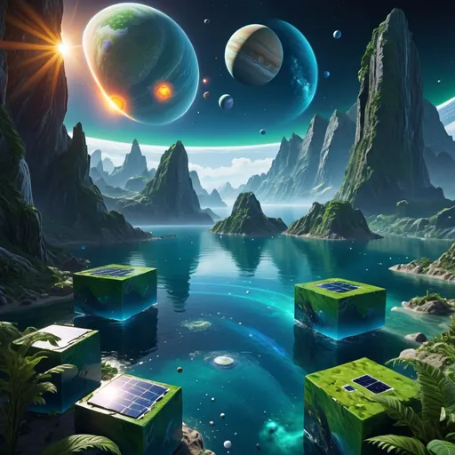 Prompt: (realistic style), (A solar system where all Planets are Cubes), highly detailed representation, vibrant water textures, ethereal atmosphere, majestic mountains, lush greenery, cool color scheme, serene and tranquil vibes, intricately rendered features, deep ocean blues and gentle greens, atmospheric details that evoke awe and wonder, ultra-detailed, 4K quality, captivating visual experience, immersive and enchanting.