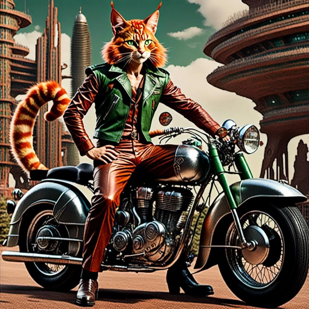 Prompt: <mymodel> Full body view of Rugged Man with cat ears in 1940's futuristic Motorcycle Advertisement, matching cat ears to hair color, extremely detailed, intricate clothing, high quality, intricate, futuristic-retro futurism, historical, detailed hair, detailed spaceship in background