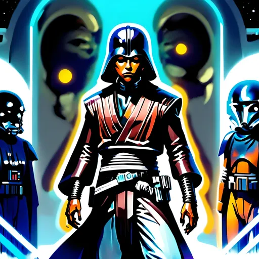 Prompt: anime style, (dark color scheme), outlaw characters from Star Wars, unique poses, rebellious vibes, high-contrast shadows, moody atmosphere, intricate details in character design, dynamic expressions, depth in lighting, (vibrant highlights), ultra-detailed artwork, dramatic ambiance, sci-fi elements, thematic background reflecting a galactic setting.