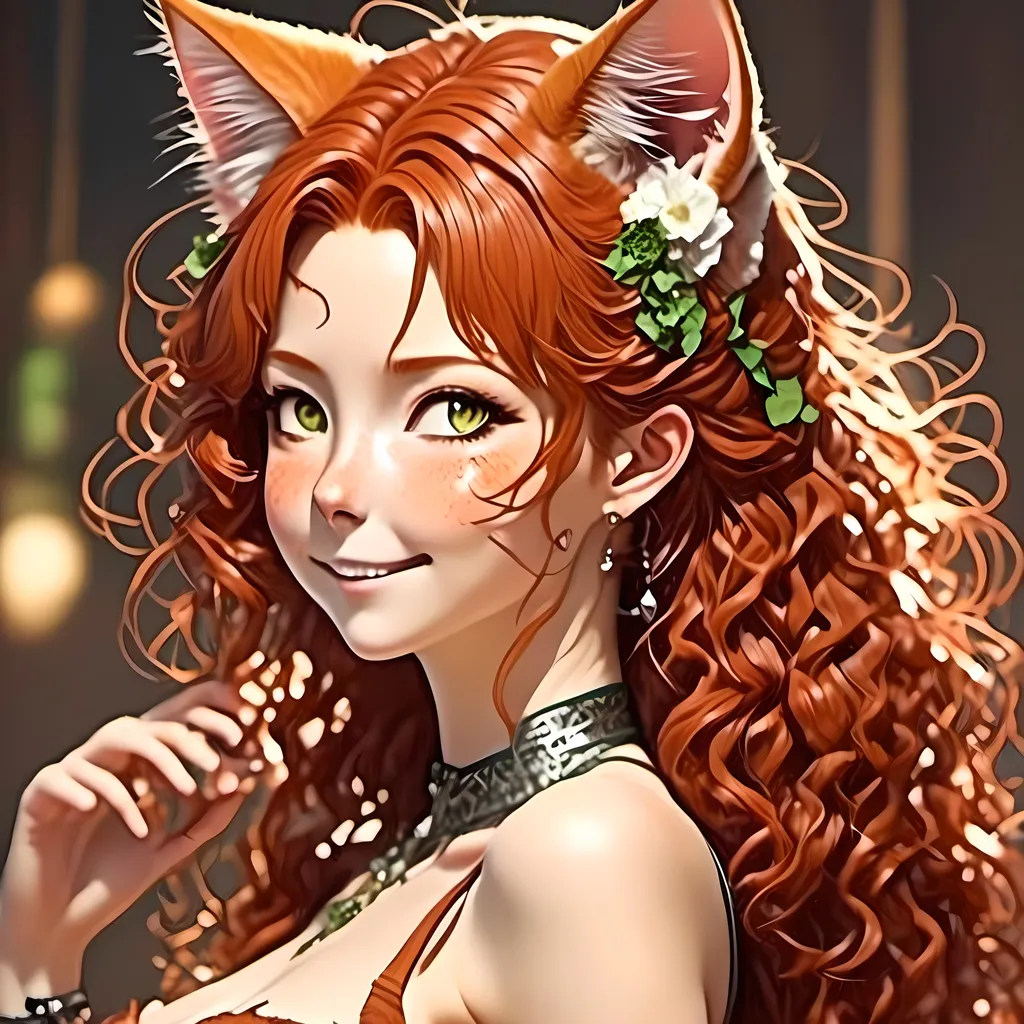 Prompt: <mymodel> Anime-style image of an older cat-eared woman), back facing camera (red hair), (detailed eyes), (alluring pose), looking back  laughing, (bright lighting), warm color scheme, (high resolution), (sensual), (detailed hair), fantasy elements, mesmerizing, captivating atmosphere, ultra-detailed, whimsical background, enchanting ambiance.