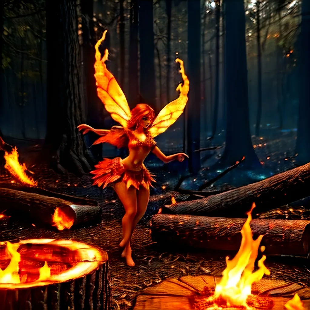 Prompt: (open hearth), (a fire fairy dancing atop the logs), fantasy style, warm color scheme, glowing embers illuminating the surroundings, ethereal ambiance, flickering shadows, intricate flames creating fluid motion, high detail, 4K, cinematic atmosphere, soft light casting a magical glow, enchanting and captivating scene.