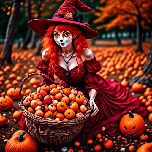 Prompt: <mymodel>(mymodel) Red Foxy Dressed as a Witch, anime style, (pastel color scheme), enchanting scene, whimsical atmosphere, offering a giant basket of candy corns and candy corn pumpkins, joyful children excitedly reaching for treats, magical twilight background, soft lighting, dreamy vibe, ultra-detailed, vibrant candy colors, full of charm and delight.