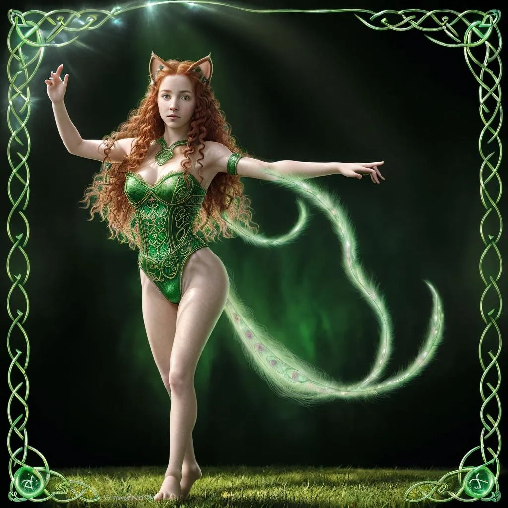 Prompt: full body view, no cat, playful pose, Celtic background