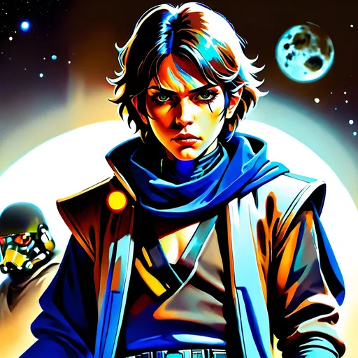 Prompt: anime style, (dark color scheme), outlaw characters from Star Wars, unique poses, rebellious vibes, high-contrast shadows, moody atmosphere, intricate details in character design, dynamic expressions, depth in lighting, (vibrant highlights), ultra-detailed artwork, dramatic ambiance, sci-fi elements, thematic background reflecting a galactic setting.