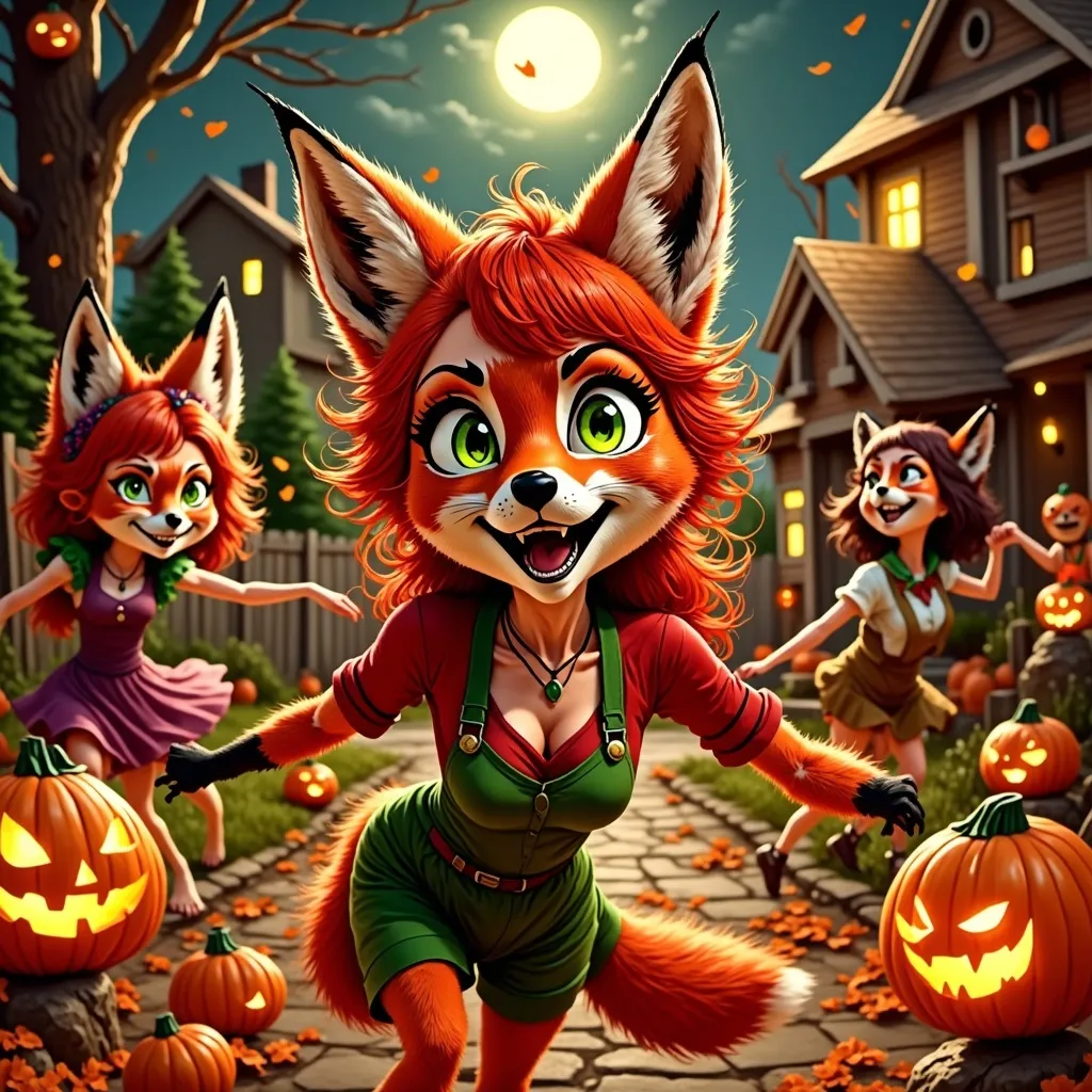 Prompt: Red Foxy character, dressed for Halloween, surrounded by excited neighborhood kids, joyfully trick-or-treating, festive costumes, glowing jack-o’-lanterns, spooky atmosphere, moonlit night sky, autumn leaves, playful expressions, high quality, ultra-detailed, engaging and cheerful vibe.