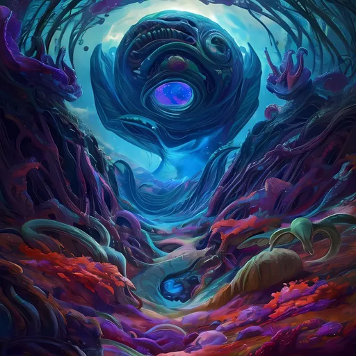 Prompt: (surrealism style), (alien planet), vibrant warm colors, fantastical alien flora, exotic fauna, dreamlike landscape, ethereal atmosphere, imaginative forms, oversized plants, glowing bioluminescent life forms, whimsical creatures, expansive alien sky with striking colors, high depth contrasts, ultra-detailed, captivating scene, inviting exploration, otherworldly ambiance.