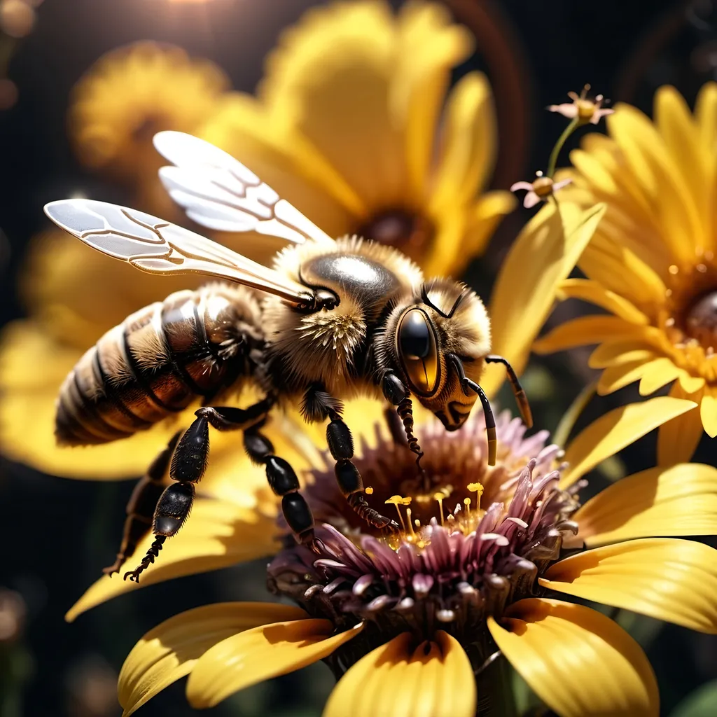 Prompt: Close up (Steampunk Honey bee sipping nectar on a flower, all six legs visible), dark steampunk artstyle,  HD, 4K, crisp focus, atmospheric, intricate floral background with steampunk elements, metallic textures, gears and cogs intertwined with nature, soft sunlight filtering through, cinematic lighting, dramatic shadows, immersive and captivating scene.