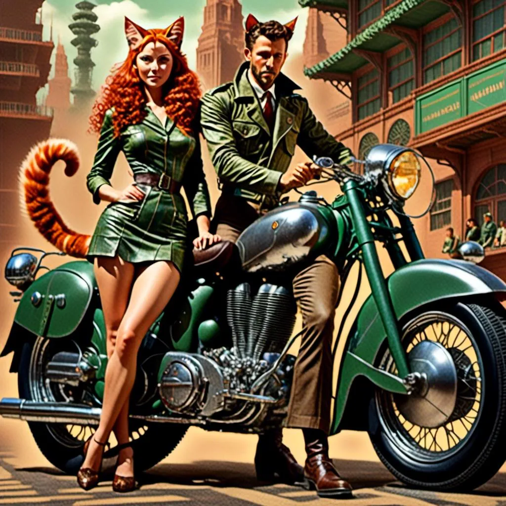 Prompt: <mymodel> Full body view of Rugged Man with human face and cat ears in 1940's futuristic Motorcycle Advertisement, matching cat ears to hair color, extremely detailed, intricate clothing, high quality, intricate, futuristic-retro futurism, historical, detailed hair, detailed spaceship in background