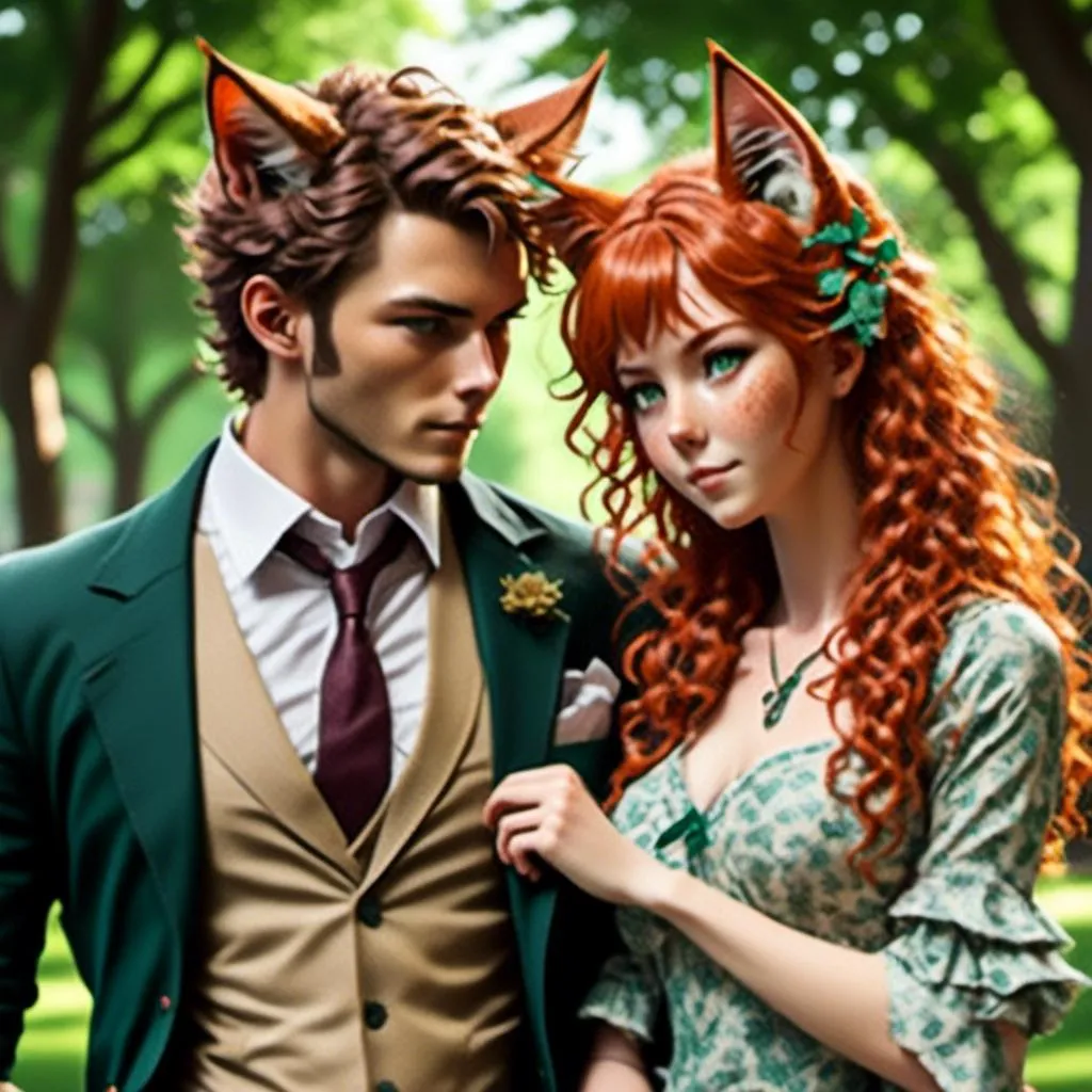 Prompt: <mymodel>Highly Detailed, 3/4 side view of couple walking hand in hand in park, detailed skin texture, cat ears matching hair color, detailed eyes, professional, highres