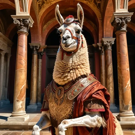 Prompt: (anthropomorphic llama, extremely godlike muscled, heroic pose, full body shot), (Renaissance art style), warm color palette, rich textures, detailed anatomy, dramatic lighting, heroic atmosphere, uplifting mood, intricate background featuring classical architecture, soft brush strokes, vivid depictions of strength and valor, highly detailed, 4K quality, evocative and timeless composition