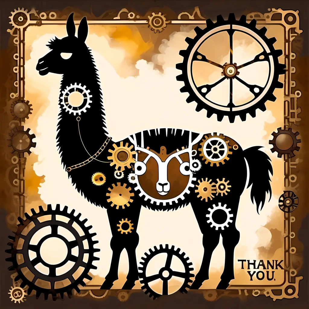 Prompt: (accurately spelled text "Thank You"), steampunk-inspired llama, intricate mechanical details, gears and cogs incorporated into the design, warm color scheme with rich browns and glowing golds, artistic brush strokes, whimsical yet sophisticated atmosphere, enchanting background with a hint of natural landscapes blending with industrial elements, captivating and ultra-detailed, oil painting style.