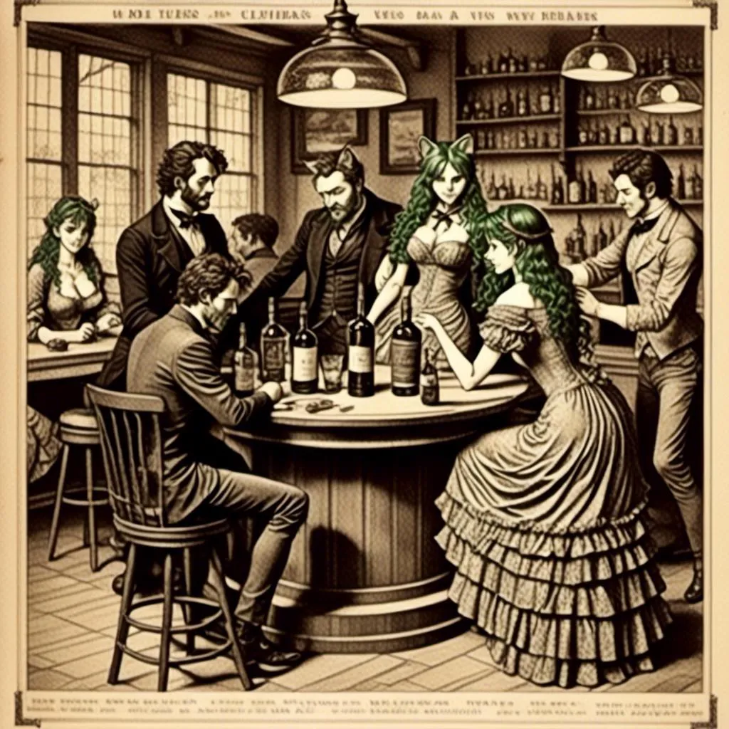 Prompt: <mymodel>1860's Whisky Advertisement, friends at a bar, lithotype