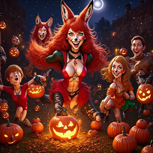 Prompt: (realism style) Red Foxy character, dressed for Halloween, surrounded by (excited neighborhood kids) joyfully trick-or-treating, (festive costumes), glowing jack-o’-lanterns, (spooky atmosphere), (moonlit night sky), (autumn leaves) creating an enchanting scene, (playful expressions), (high quality), (ultra-detailed), vibrant colors, warm lighting, engaging and cheerful vibe, evoking the thrill of Halloween festivities.