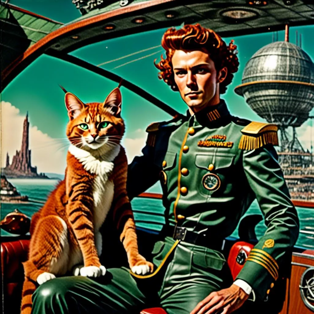 Prompt: <mymodel> Full body view of Rugged Man with human face and cat ears in 1940's futuristic boat Advertisement, matching cat ears to hair color, extremely detailed, intricate clothing, high quality, intricate, futuristic-retro futurism, historical, detailed hair, detailed spaceship in background