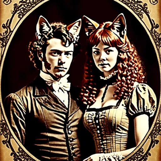 Prompt: <mymodel>couple with cat ears in vintage lithograph style, 1800's advertisement tools, matching cat ears to hair color, extremely detailed, vintage lithograph, black and white, detailed hair, intricate clothing, antique paper texture, high quality, vintage, detailed cat ears, historical, sepia lighting