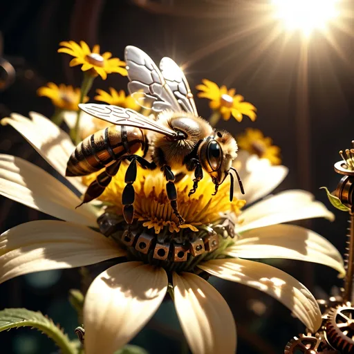 Prompt: (Steampunk Honey bee sipping nectar on a flower, all six legs visible), dark steampunk artstyle,  HD, 4K, crisp focus, atmospheric, intricate floral background with steampunk elements, metallic textures, gears and cogs intertwined with nature, soft sunlight filtering through, cinematic lighting, dramatic shadows, immersive and captivating scene.