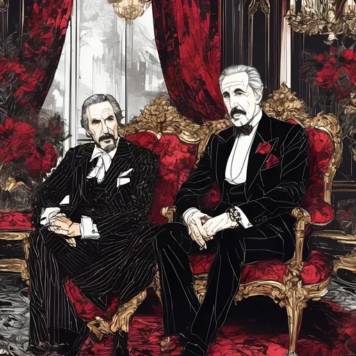 Prompt: (Christopher Lee talking to Vincent Price), Black and White pen and ink sketch style, dark color scheme, elegantly gothic attire, intricate details, dim lighting, dramatic shadows, opulent background, luxurious textures, ornate furniture, deep reds and blacks, baroque patterns, solemn atmosphere, rich color tones, dark romanticism, ultra-detailed, 4K, photorealistic masterpiece, timeless elegance.