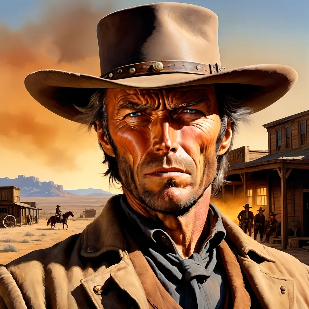 Prompt: Clint Eastwood as Johnna Hex Scar Partial closing half of his mouth, 
Old West Scene, Gunfight at High Noon, Wild West Town, Train on the Horizon  