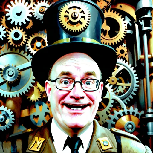 Prompt: (Humorous portrait), steampunk style, caricature drawing, pencil color  scheme, detailed facial features, expressive eyes, exaggerated pleasant smile, vintage military attire, quirky accessories, Iron gears and machinery in the background, cozy ambiance, ultra-detailed, engaging composition that blends humor and artistry, creating a captivating visual narrative.