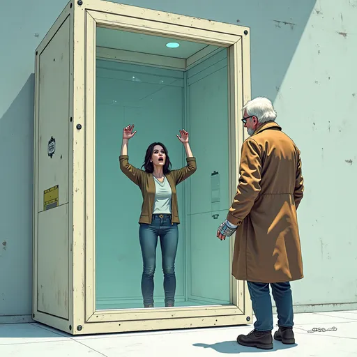 Prompt: (futuristic sci-fi style), scientists lab an old man in a corduroy coat and a single cybernetic finger, (standing in front of a giant open faced wooden box),  a woman in street clothes trapped inside Inside, The walls are a bright white material, a dully reflective metal or plastic. Panels high up in the corners appear to have small speakers or vents, her arms held up with hands pressed a glass front , her face locked in rictus of fear), (frozen in place yet looking perfect), (cool color scheme), (highly detailed), (dynamic contrast between figures), (tense atmosphere), (illustrative techniques).