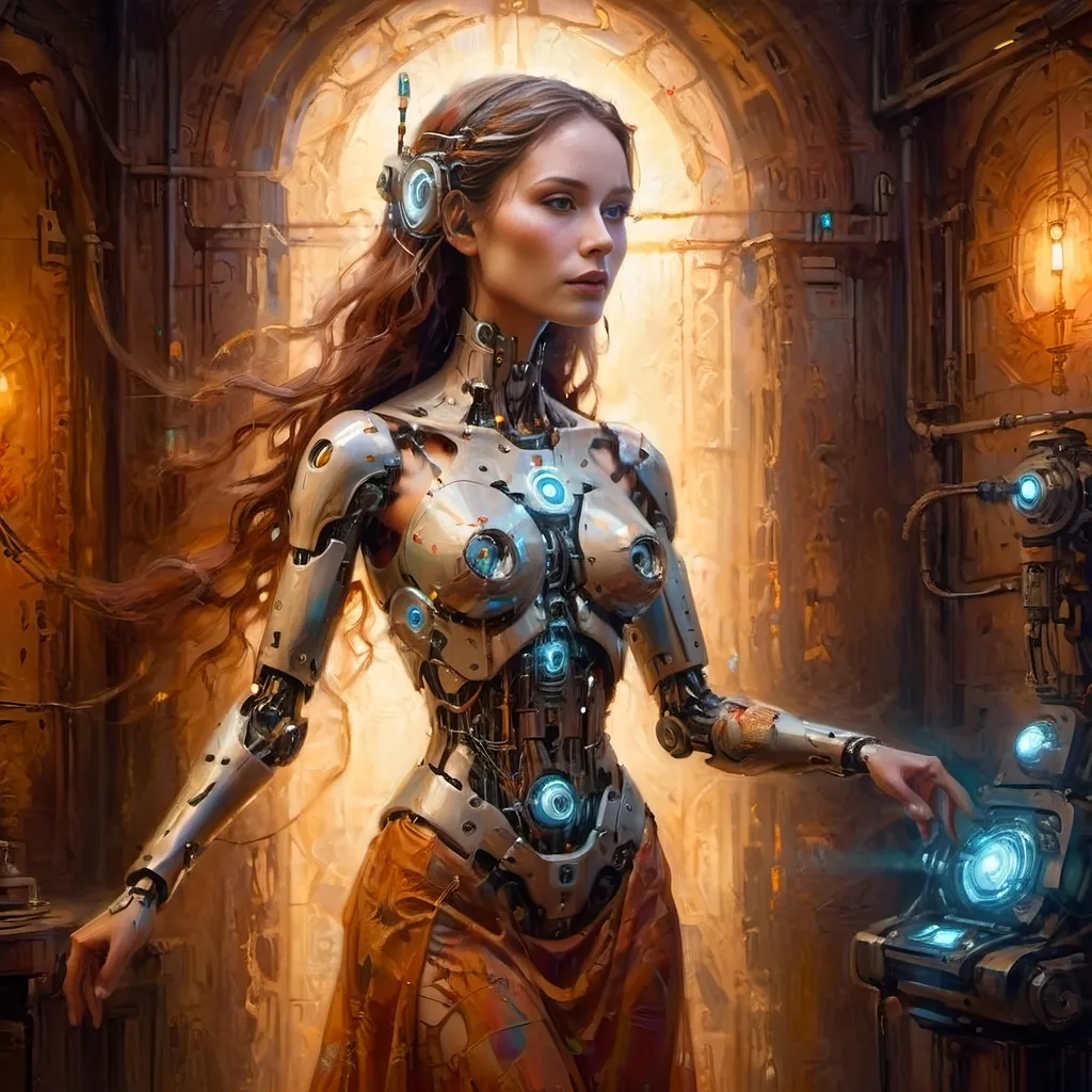 Prompt: (Robotic Cybernetic Woman), fantasy style, ethereal gossamer dress, (dramatic lighting), warm color scheme, (radiant light) illuminating silhouette, soft glow effect, enchanting ambiance, intricate mechanical details, serene expression, flowing fabric textures, surreal background, high depth, 4K quality, captivating atmosphere, cinematic and otherworldly vibes.