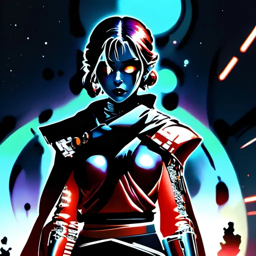 Prompt: anime style, (dark color scheme), outlaw characters from Star Wars, unique poses, rebellious vibes, high-contrast shadows, moody atmosphere, intricate details in character design, dynamic expressions, depth in lighting, (vibrant highlights), ultra-detailed artwork, dramatic ambiance, sci-fi elements, thematic background reflecting a galactic setting.