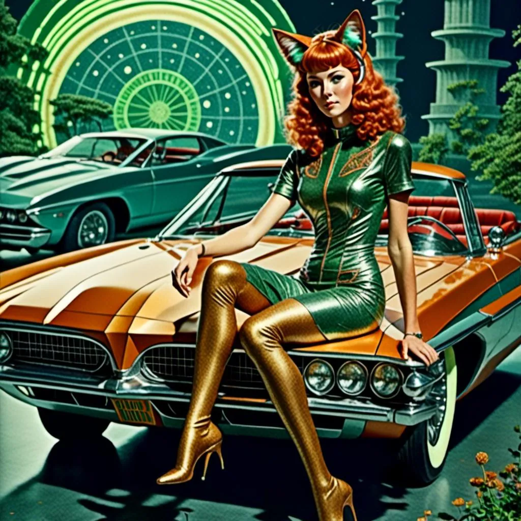 Prompt: <mymodel> Full body view of Man with cat ears in 1960's  futuristic Automobile Advertisement, matching cat ears to hair color, extremely detailed, intricate clothing, high quality, intricate, futuristic-retro futurism, historical, detailed hair, detailed spaceship in background