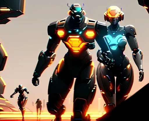 Prompt: photorealistic, (futuristic-sci-fi style), (warm color scheme),robots spooning
, (highly detailed), intense action, vibrant lighting, immersive sci-fi ambiance, dramatic shadows, intricate mechanical features, metallic textures, highly defined characters in combat, cinematic composition, 4K quality, fast-paced tension.