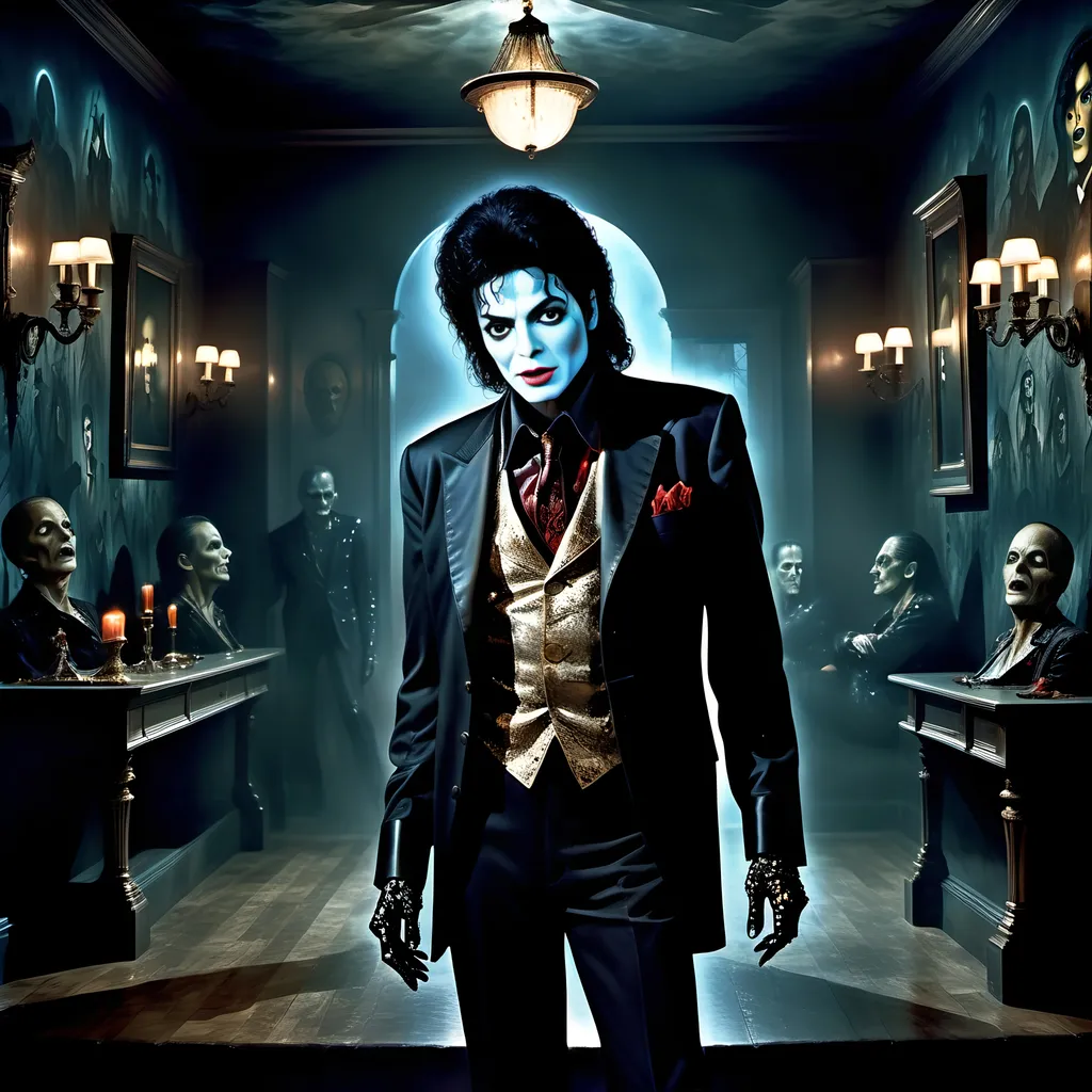 Prompt: (surrealism style image), (dark color scheme), a hauntingly dramatic scene inspired by Michael Jackson's Thriller, featuring an eerie ambiance with surreal elements, dynamic poses, featuring clearly visible portrait of Vincent Price on the back wall, moody lighting, high detail, captivating atmosphere, (HD), a blend of the mystical and the macabre.