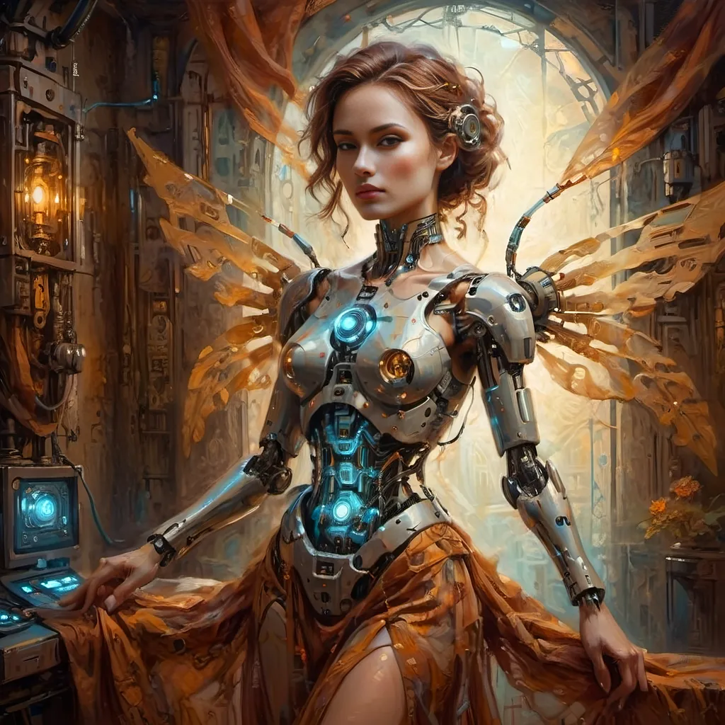 Prompt: (Robotic Cybernetic Woman), fantasy style, ethereal gossamer dress, (dramatic lighting), warm color scheme, (radiant light) illuminating silhouette, soft glow effect, enchanting ambiance, intricate mechanical details, serene expression, flowing fabric textures, surreal background, high depth, 4K quality, captivating atmosphere, cinematic and otherworldly vibes.