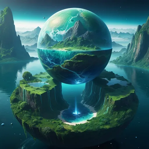 Prompt: (realistic style), (cube of a planet in space), highly detailed representation, vibrant water textures, ethereal atmosphere, majestic mountains, lush greenery, cool color scheme, serene and tranquil vibes, intricately rendered features, deep ocean blues and gentle greens, atmospheric details that evoke awe and wonder, ultra-detailed, 4K quality, captivating visual experience, immersive and enchanting.