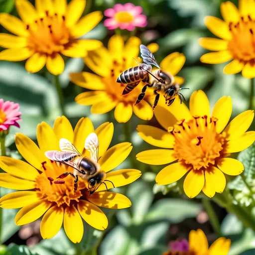 Prompt: (Honey bees walking on flowers rear legs full of pollen), vibrant theme, rich color tones, warm sunlight, blooming flowers, garden, sunny day, bright and cheerful atmosphere, detailed floral patterns, lush greenery, photorealistic, close-up of bees, intricate wing details, nature, summer vibes, whimsy, high-definition, ultra-detailed, vivid and lively aura, crisp focus, 4K.