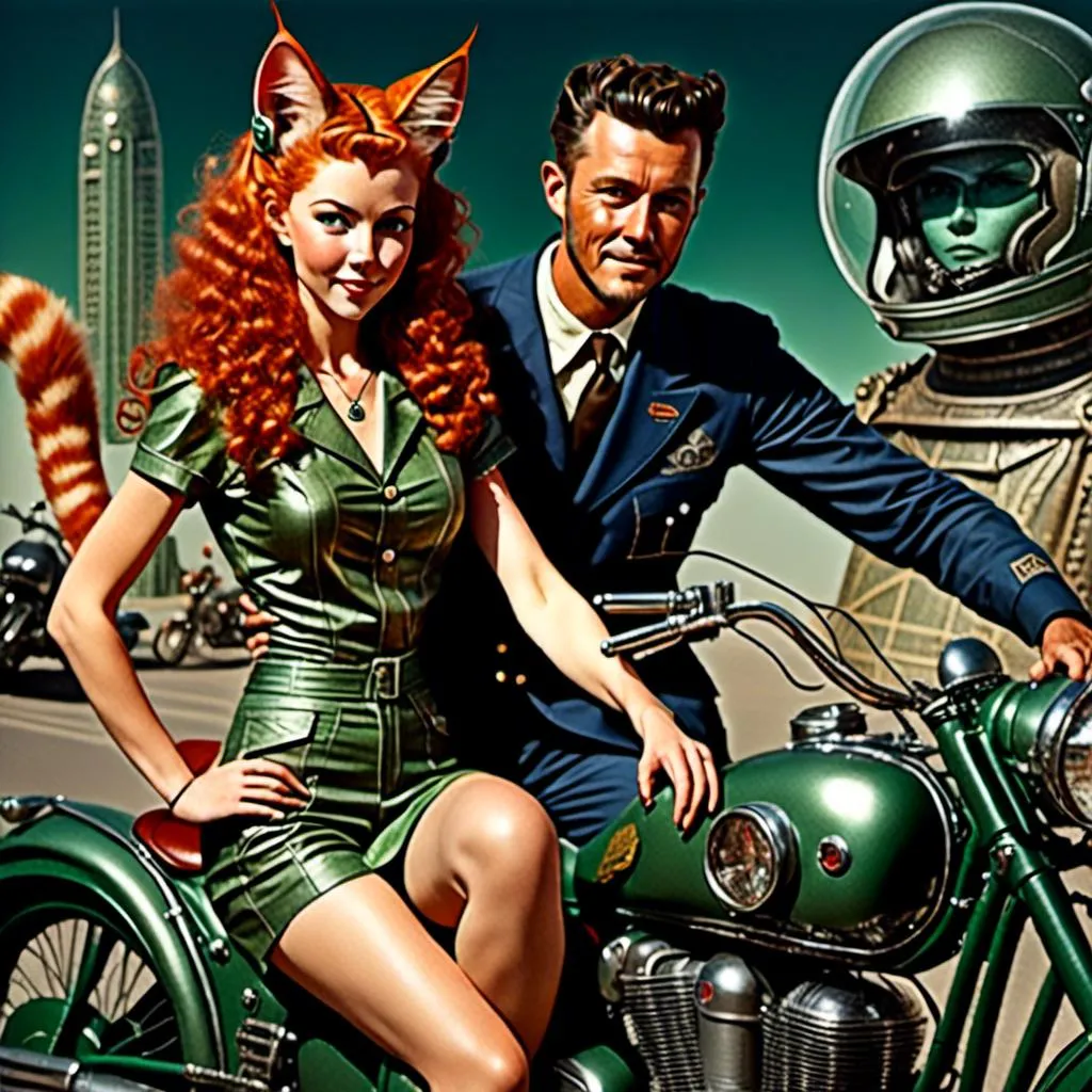 Prompt: <mymodel> Full body view of Rugged Man with human face and cat ears in 1940's futuristic Motorcycle Advertisement, matching cat ears to hair color, extremely detailed, intricate clothing, high quality, intricate, futuristic-retro futurism, historical, detailed hair, detailed spaceship in background