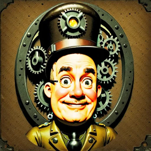 Prompt: (Humorous portrait), steampunk style, caricature drawing, pencil color  scheme, detailed facial features, expressive eyes, exaggerated pleasant smile, vintage military attire, quirky accessories, Iron gears and machinery in the background, cozy ambiance, ultra-detailed, engaging composition that blends humor and artistry, creating a captivating visual narrative.