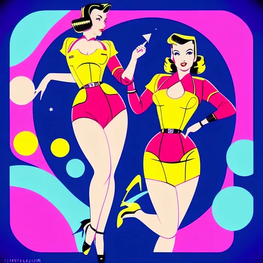 Prompt: futuristic-retro futurism style, (1940s pin-up women), vibrant warm color scheme, soft luminous lighting, nostalgic ambiance, elegant poses with playful expressions, vintage accessories, stylish hairdos, dreamy background blending futuristic elements with retro design, high detail and sharp focus, cinematic depth, the celebration of beauty throughout eras.