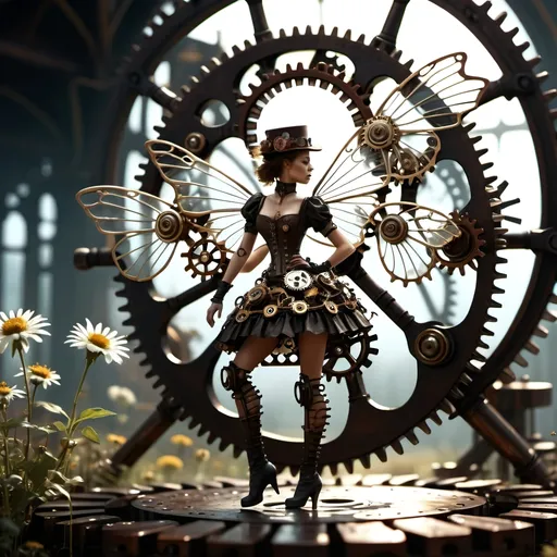 Prompt: (Metallic Steampunk Honey walking on a Cog flowers, all six legs visible), dark steampunk artstyle,  HD, 4K, crisp focus, atmospheric, intricate floral background with steampunk elements, metallic textures, gears and cogs intertwined with nature, soft sunlight filtering through, cinematic lighting, dramatic shadows, immersive and captivating scene.