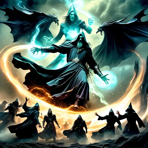 Prompt: fantasy scene of wizards in a fierce battle, (dark color scheme), (dramatic lighting), wizards casting light illusions, mythical creatures clashing, swirling magical energies, atmospheric mist, ominous background with shadowy landscapes, spellbinding effects and visual artifacts, high energy and tension in the air, (ultra-detailed), cinematic design elements, mystical aura surrounding the wizards.