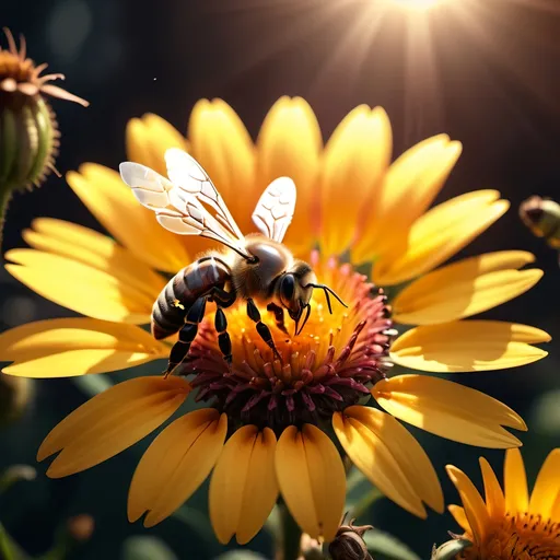 Prompt: Close up (Honey bee sipping nectar on a flower, all six legs visible), intricate wing details, photorealism, nature, dark steampunk artstyle, summer vibes, warm color scheme, vibrant, high-depth color tones, ultra-detailed, HD, 4K, crisp focus, atmospheric, intricate floral background with steampunk elements, metallic textures, gears and cogs intertwined with nature, soft sunlight filtering through, cinematic lighting, dramatic shadows, immersive and captivating scene.