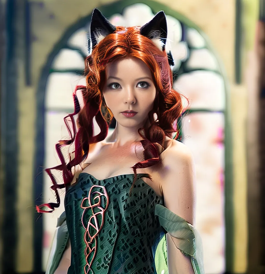 Prompt: Japanese illustration of a Celtic woman with cat ears and tail lips parted, long red curly hair, long flowing dress, detailed green eyes,  delicate, beautiful, artistic, diffused lighting, detailed Scottish background