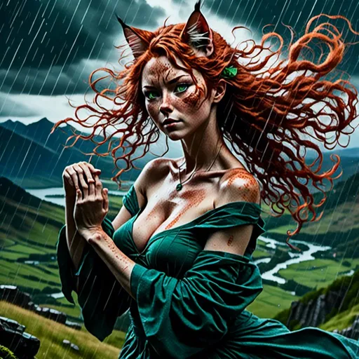 Prompt: <mymodel> highly detailed young woman dancing in the Scottish highlands during a rain storm
 
