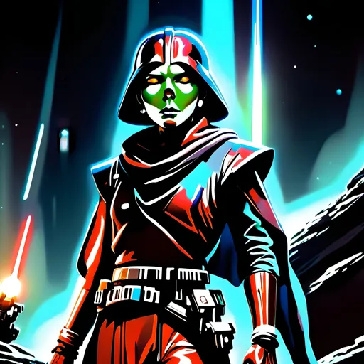 Prompt: anime style, (dark color scheme), outlaw characters from Star Wars, unique poses, rebellious vibes, high-contrast shadows, moody atmosphere, intricate details in character design, dynamic expressions, depth in lighting, (vibrant highlights), ultra-detailed artwork, dramatic ambiance, sci-fi elements, thematic background reflecting a galactic setting.