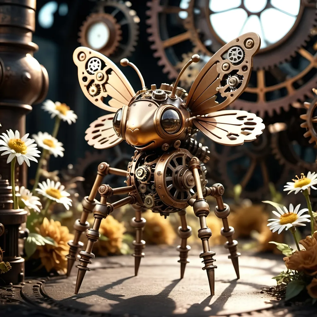 Prompt: (Metallic Steampunk Honey walking on a Cog flowers, all six legs visible), dark steampunk artstyle,  HD, 4K, crisp focus, atmospheric, intricate floral background with steampunk elements, metallic textures, gears and cogs intertwined with nature, soft sunlight filtering through, cinematic lighting, dramatic shadows, immersive and captivating scene.